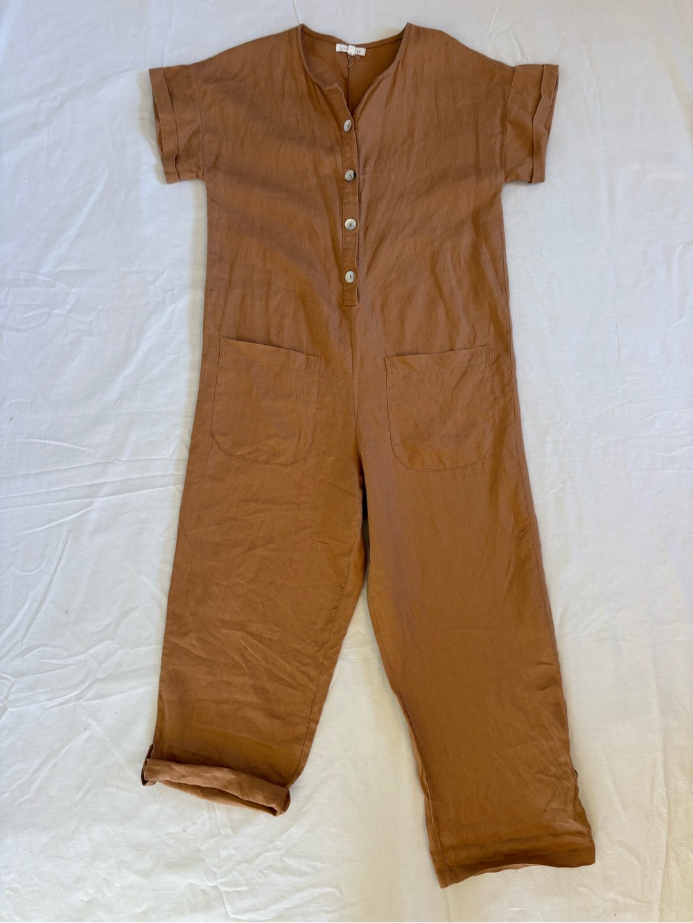 Little Lies 100% Linen Lagenlook Jumpsuit Wide Leg Pockets Neutral S